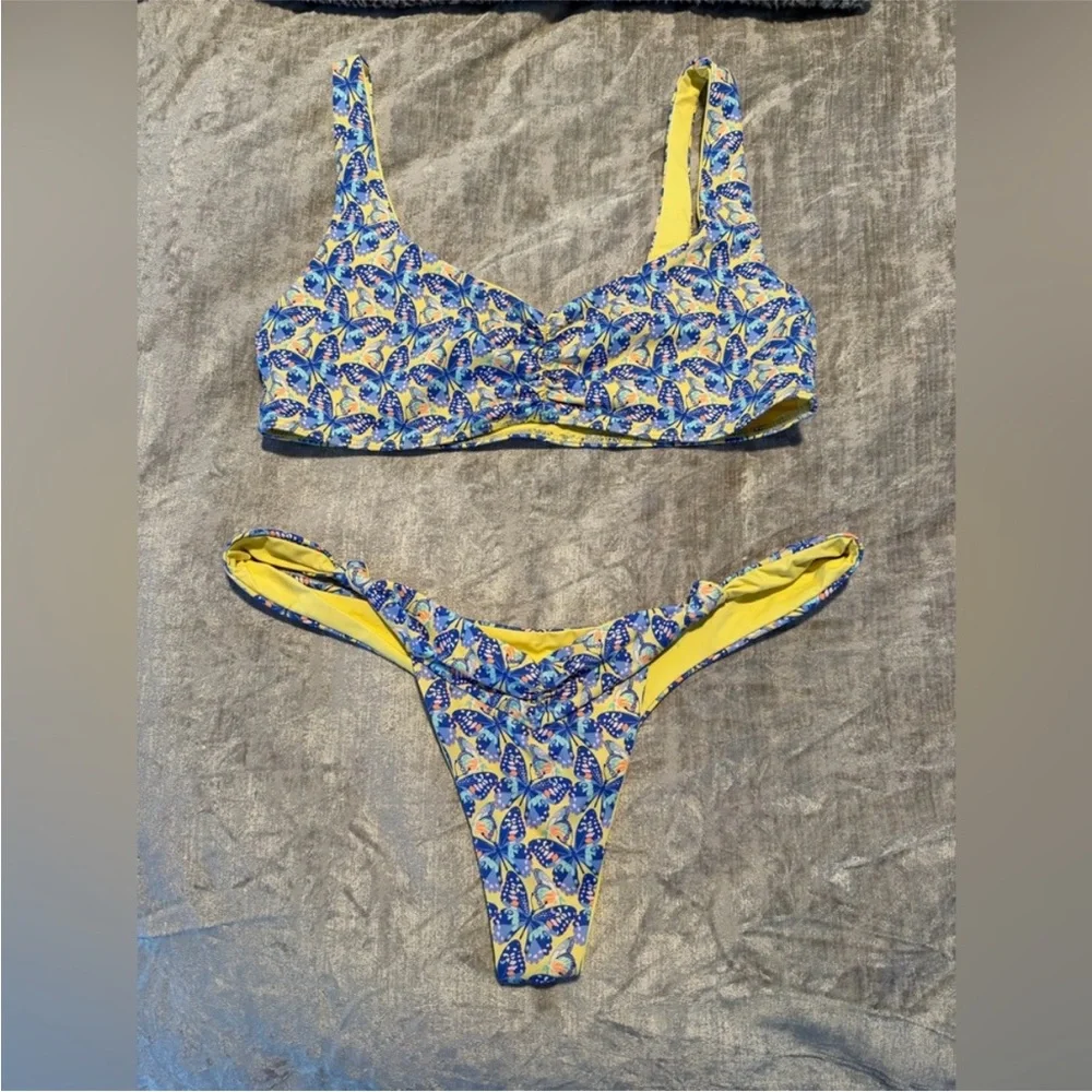 Frankie's Bikinis Blue and Yellow Butterfly Patterned Bikini
